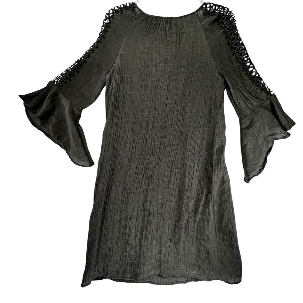 Indigo Rose Olive Green Bell Sleeve Boho Dress Lined Cutout Crochet Sleeves - Picture 2 of 14